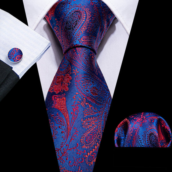 Blue Red Paisley Silk Tie Pocket Square Cufflinks Set