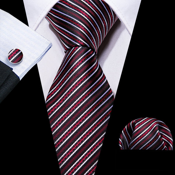 Red Black White Striped Paisley Silk Tie Pocket Square Cufflinks Set