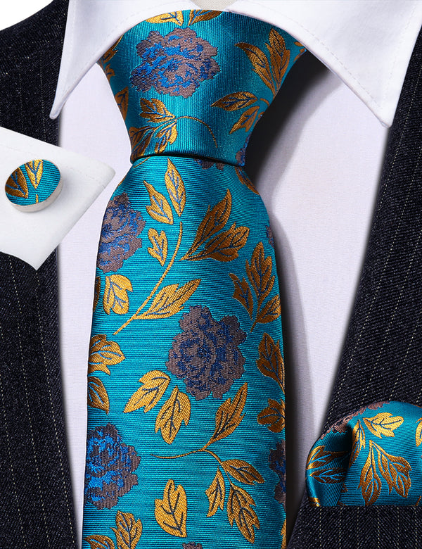 Teal Blue Golden Floral Silk Tie Pocket Square Cufflinks Set
