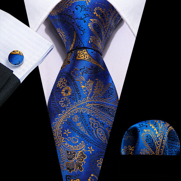 Blue Golden Paisley Silk Tie Pocket Square Cufflinks Set