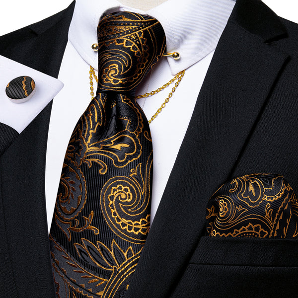 Black Golden Paisley Men's Tie Hanky Cufflinks Set with Chain Collar Pin