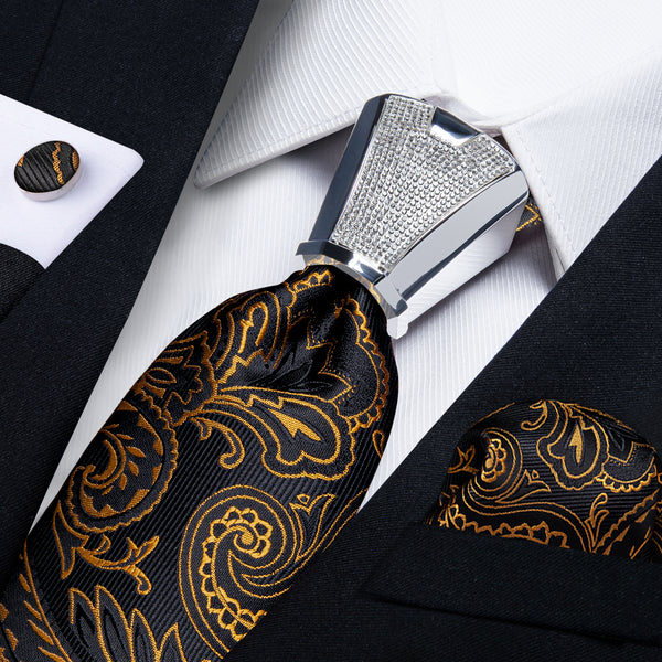 Gold Floral Paisley Tie Pocket Square Cufflinks Set with Spacious Ring