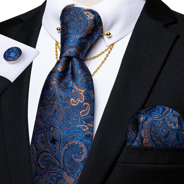 Blue Shining Paisley Men's Tie Hanky Cufflinks Set with Chain Collar Pin