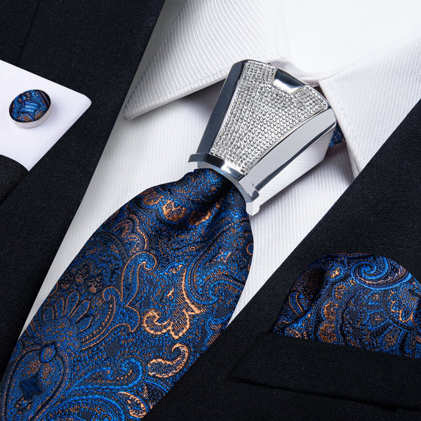 Blue Shining Paisley Tie Pocket Square Cufflinks Set with Spacious Ring
