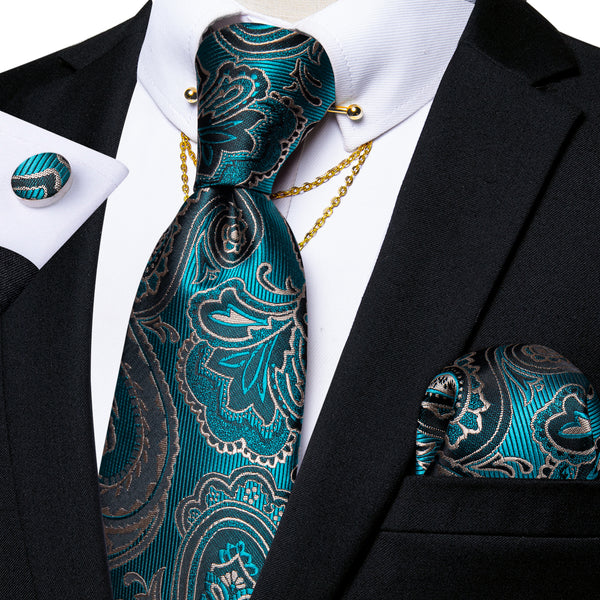Lake Green Paisley Men's Tie Hanky Cufflinks Set with Chain Collar Pin