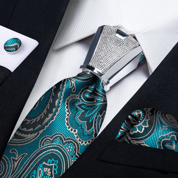 Lake Blue Black Paisley Tie Pocket Square Cufflinks Set with Spacious Ring