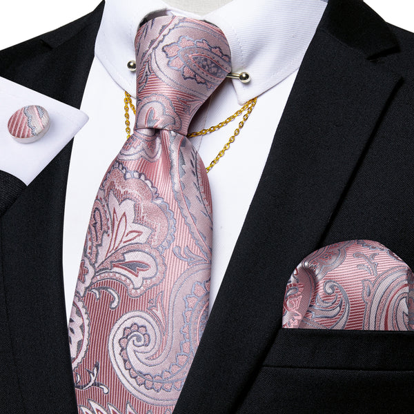 Pink Paisley Men's Tie Hanky Cufflinks Set with Chain Collar Pin