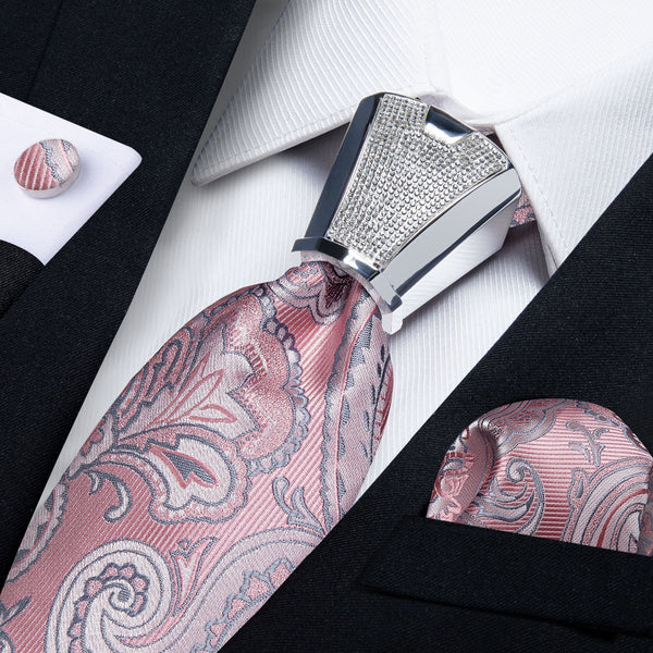 Silver Pink Paisley Tie Pocket Square Cufflinks Set with Spacious Ring