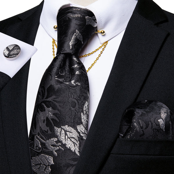 Black Silver Floral Men's Tie Hanky Cufflinks Set with Chain Collar Pin