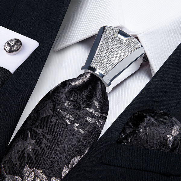 Black Silver White Floral Tie Pocket Square Cufflinks Set with Spacious Ring