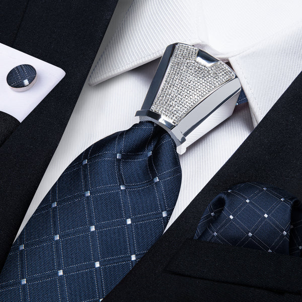 Navy Blue Plaid Tie Pocket Square Cufflinks Set with Spacious Ring
