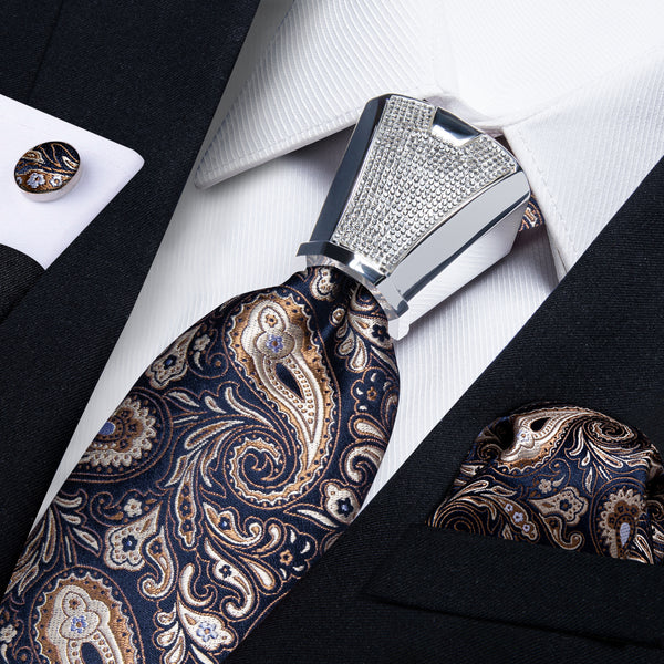 Dark Blue Silk Shining Paisley Tie Pocket Square Cufflinks Set with Spacious Ring