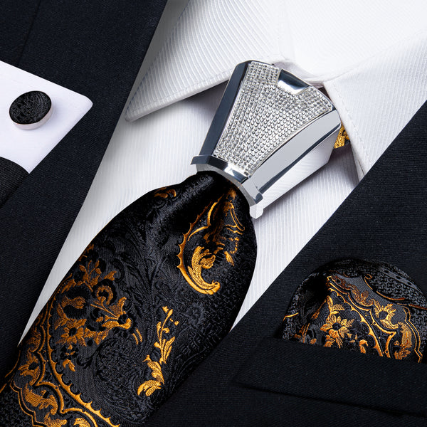 Black Golden Paisley Tie Pocket Square Cufflinks Set with Spacious Ring