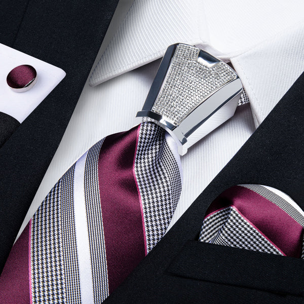 Burgundy Grey Striped Tie Pocket Square Cufflinks Set with Spacious Ring