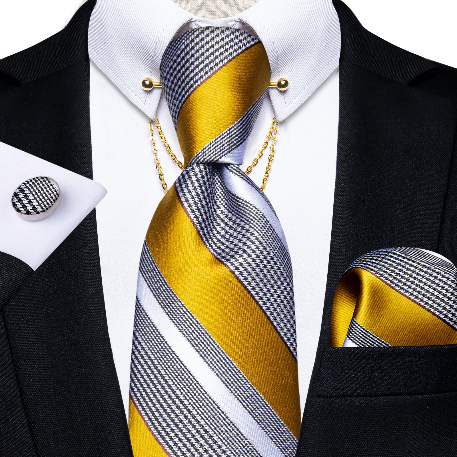 Yellow Grey Striped Men's Tie Hanky Cufflinks Set with Chain Collar Pi ...