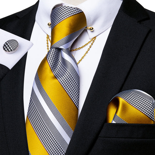 Yellow Grey Striped Men's Tie Hanky Cufflinks Set with Chain Collar Pin