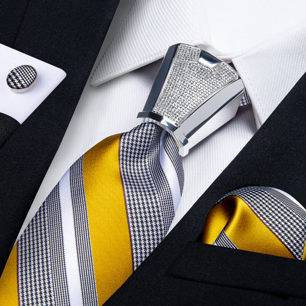 Grey Yellow Striped Tie Pocket Square Cufflinks Set with Spacious Ring