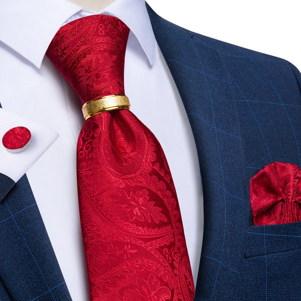 Classic Red Paisley Tie Ring Pocket Square Cufflinks Set