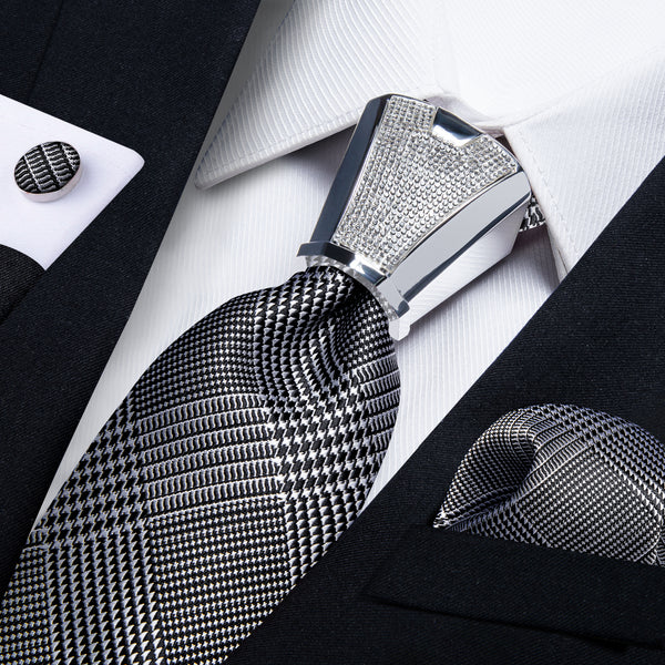 White Black Plaid Tie Pocket Square Cufflinks Set with Spacious Ring