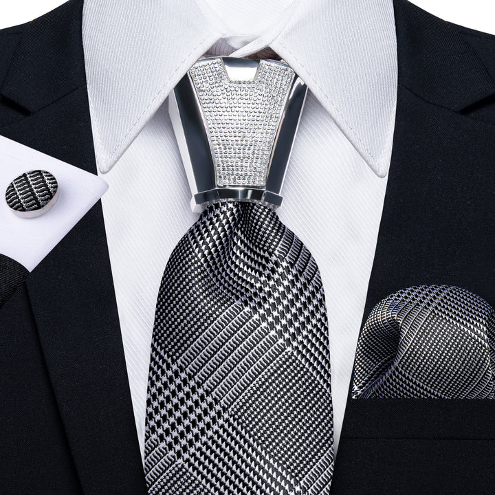 White Black Plaid Tie Pocket Square Cufflinks Set with Spacious Ring ...