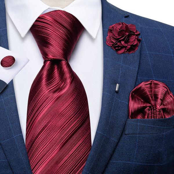 Burgundy Red Striped Tie Pocket Square Cufflinks Set with Lapel Pin