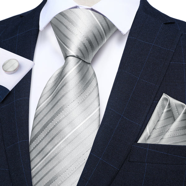 Silver Light Gray Striped Mens Tie Pocket Square Cufflinks Set