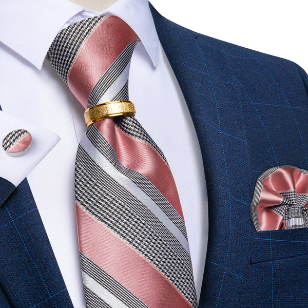 Pink Grey Striped Tie Ring Pocket Square Cufflinks Set
