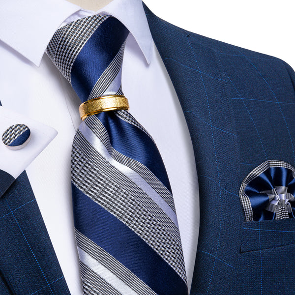Blue Grey Striped Tie Ring Pocket Square Cufflinks Set