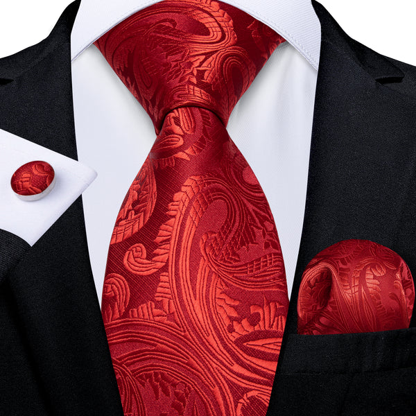 Red Paisley Tie Ring Pocket Square Cufflinks Set