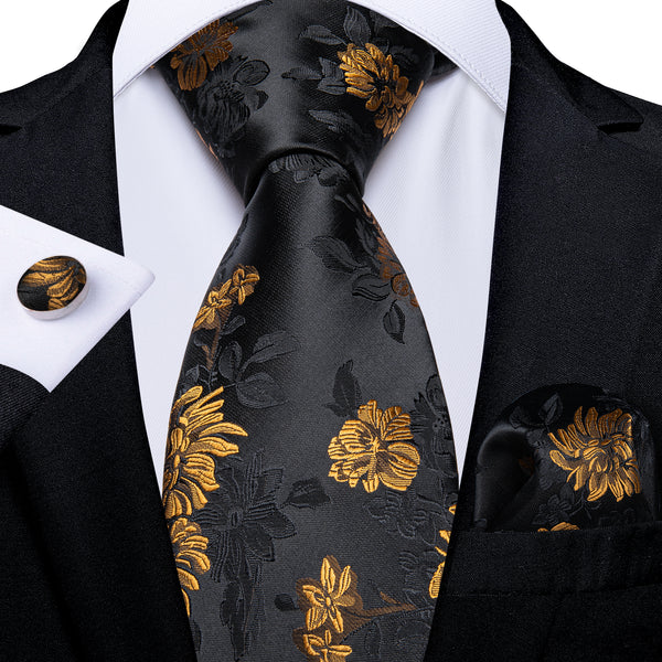Black Golden Floral Tie Ring Pocket Square Cufflinks Set