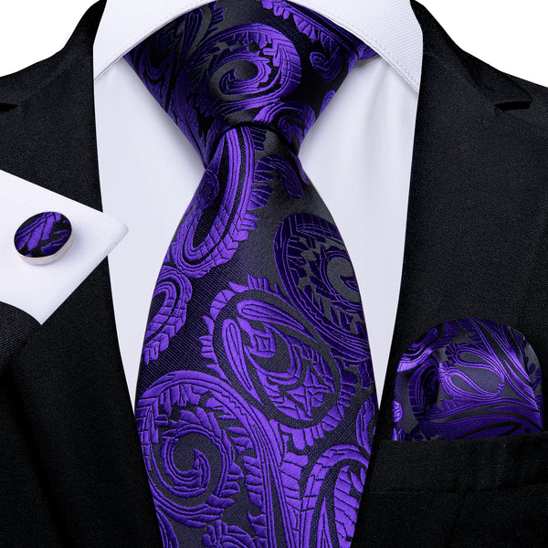Black Purple Floral Tie Ring Pocket Square Cufflinks Set