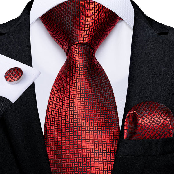New Red Geometric Men's Silk Tie Handkerchief Cufflinks Set