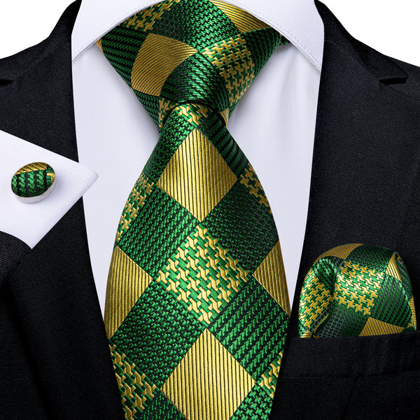 Green Yellow Plaid Tie Ring Pocket Square Cufflinks Set