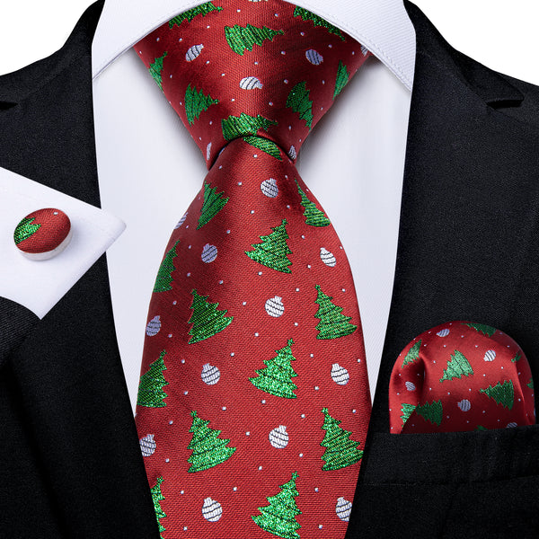 Christmas Red Green Christmas Tree Novelty Men's Necktie Pocket Square Cufflinks Set