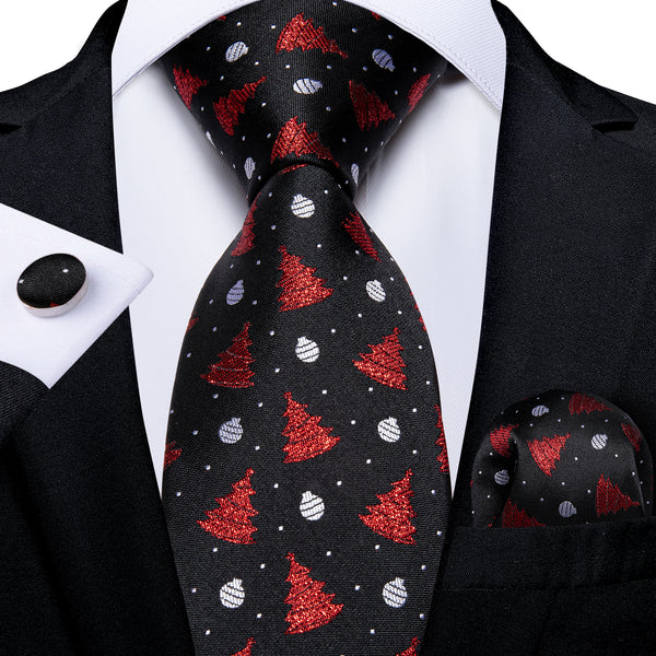 Christmas New Style Black Red Christmas Tree Novelty Men's Necktie Pocket Square Cufflinks Set