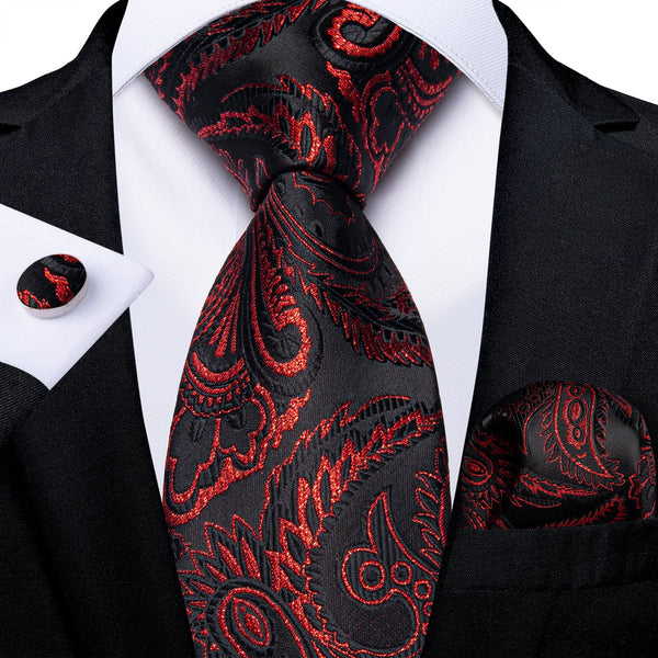 Classy Black Red Paisley Men's Tie Pocket Square Cufflinks Set
