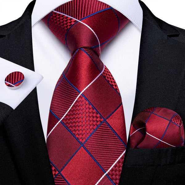 Red Striped Plaid Men's Tie Pocket Square Cufflinks Set