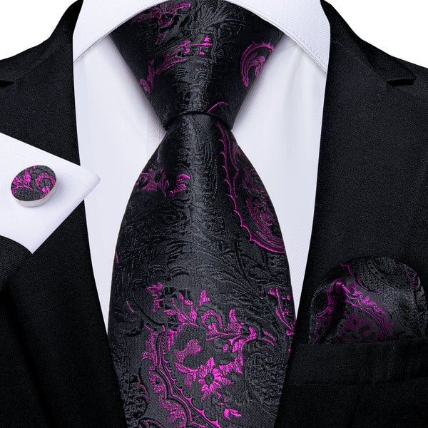 Black Purple Floral Tie Pocket Square Cufflinks Set Formal