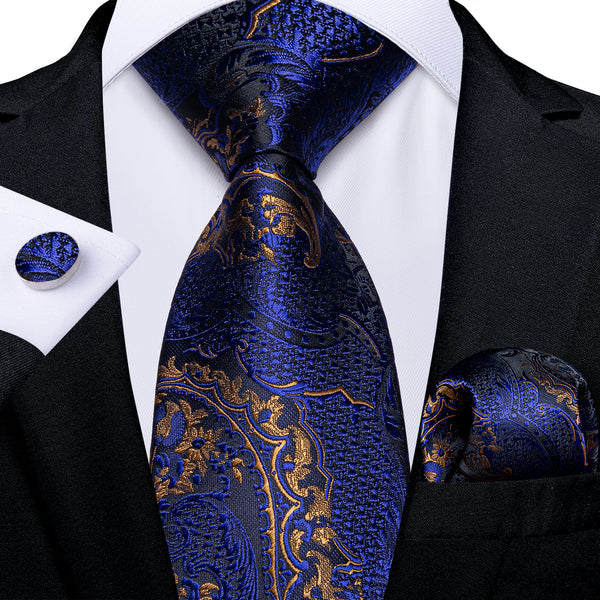 Sapphire Blue Floral Tie Pocket Square Cufflinks Set