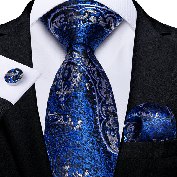 New Ocean Blue Floral Tie Pocket Square Cufflinks Set