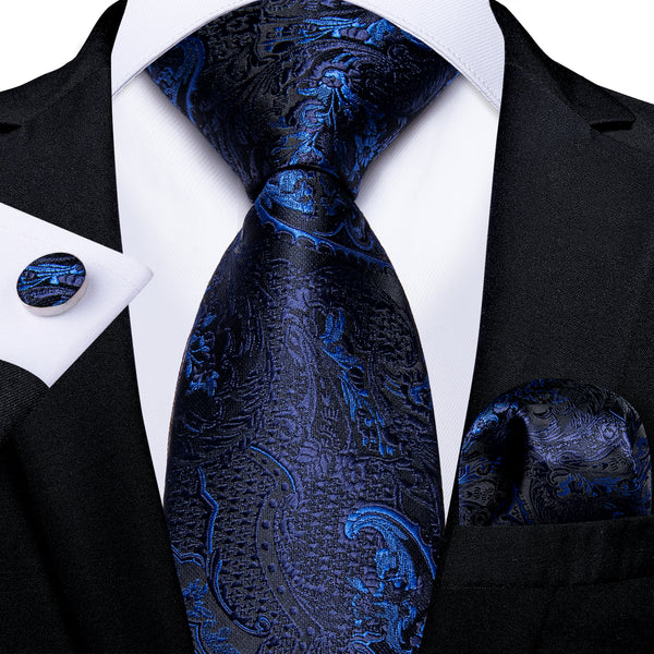 Black Blue Floral Tie Pocket Square Cufflinks Set