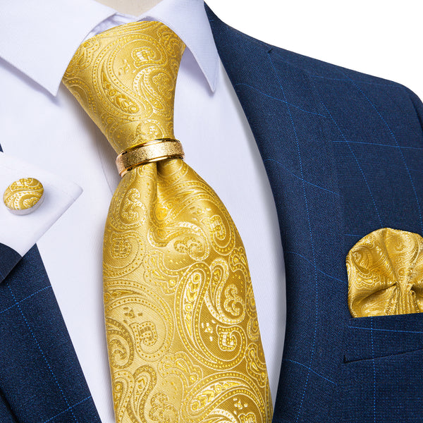 Ties2you Men's Tie Yellow Paisley Tie Ring Pocket Square Cufflinks Set New Arrival
