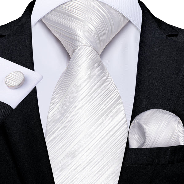 Silver White Striped Necktie Pocket Square Cufflinks Set