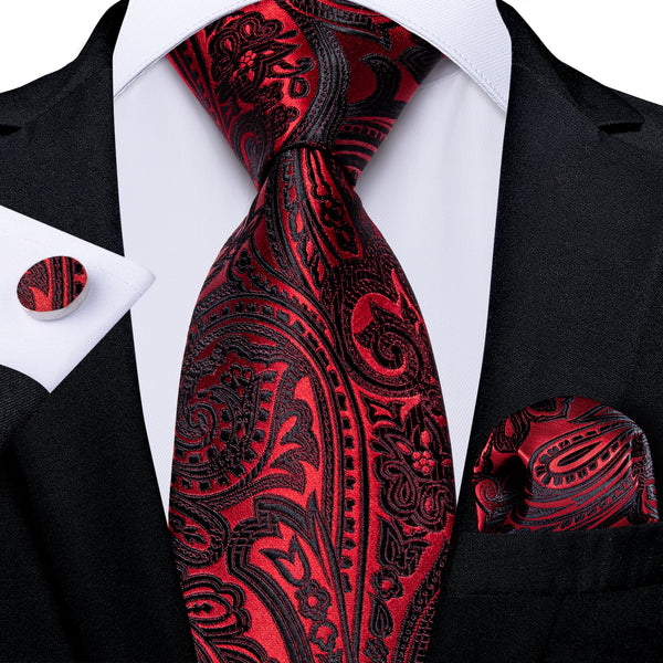 Red Black Paisley Tie Pocket Square Cufflinks Set