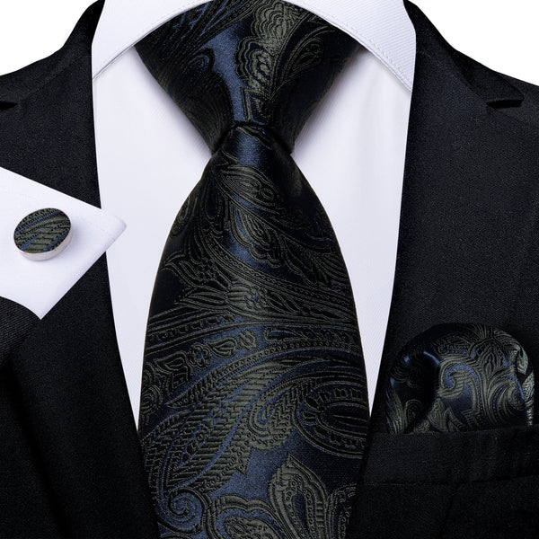 Luxury Blue Black Paisley Silk Fabric Tie Hanky Cufflinks Set