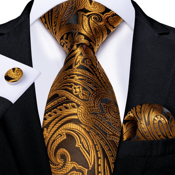Golden Brown Paisley Necktie Pocket Square Cufflinks Set