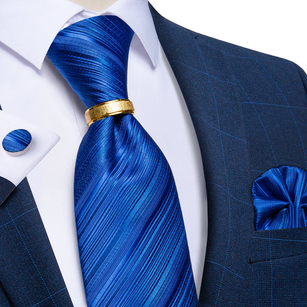 Sapphire Blue Striped Tie Ring Pocket Square Cufflinks Set