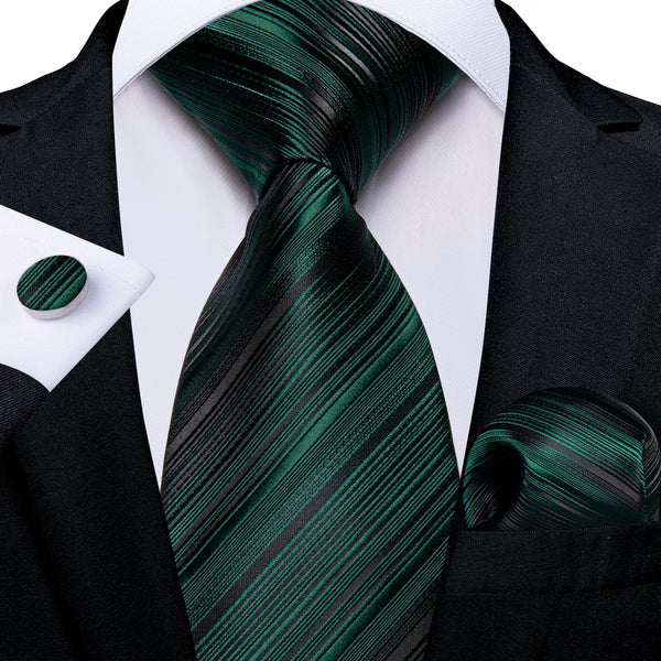 Dark Green Striped Necktie Pocket Square Cufflinks Set