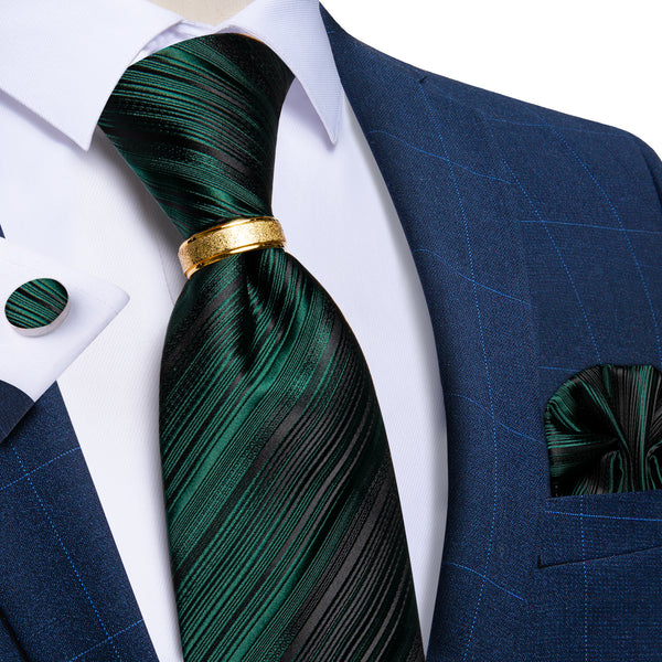 Dark Green Striped Tie Ring Pocket Square Cufflinks Set