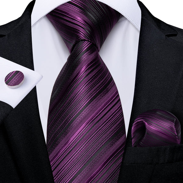Black Purple Striped Necktie Pocket Square Cufflinks Set